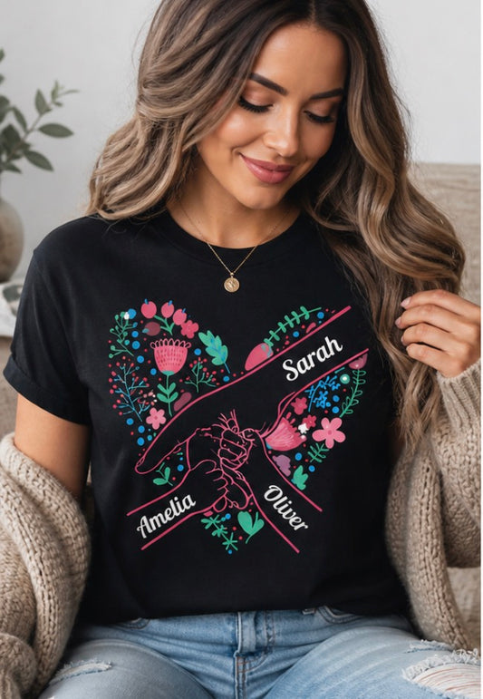 Personalized Mom Shirt with Kids Names – Custom Mother’s Day Gift – Floral Hand Design – Crew Neck or Soft V-Neck