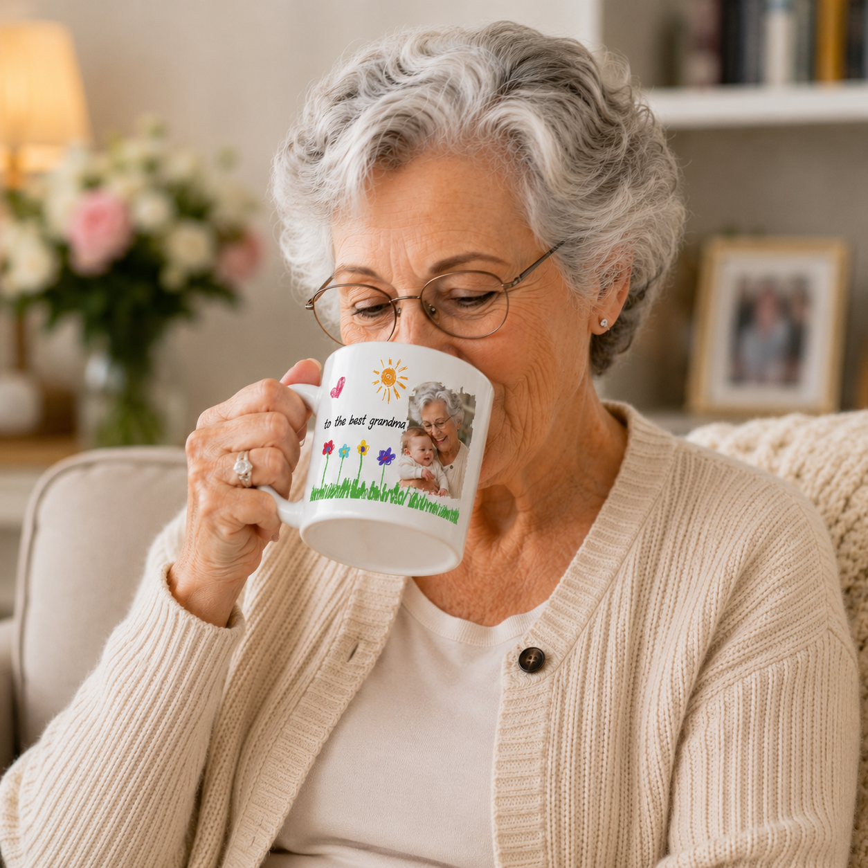 An elderly woman with gray hair and glasses sits in a cozy living room setting, holding a white ceramic mug with a colorful custom photo print and the text 'to the best grandpa'. She is wearing a beige cardigan over a white shirt.