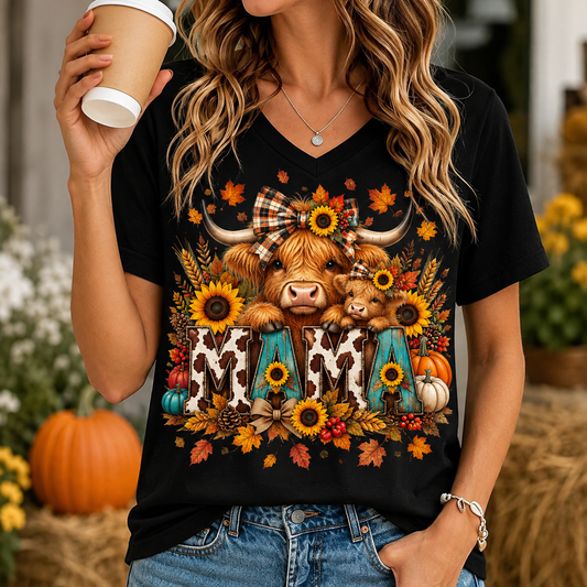 A woman wearing a black graphic t-shirt with a colorful autumn design featuring two Highland cows, sunflowers, pumpkins, and the word 'MAMA'. She is holding a coffee cup in a fall-themed setting with pumpkins and hay.