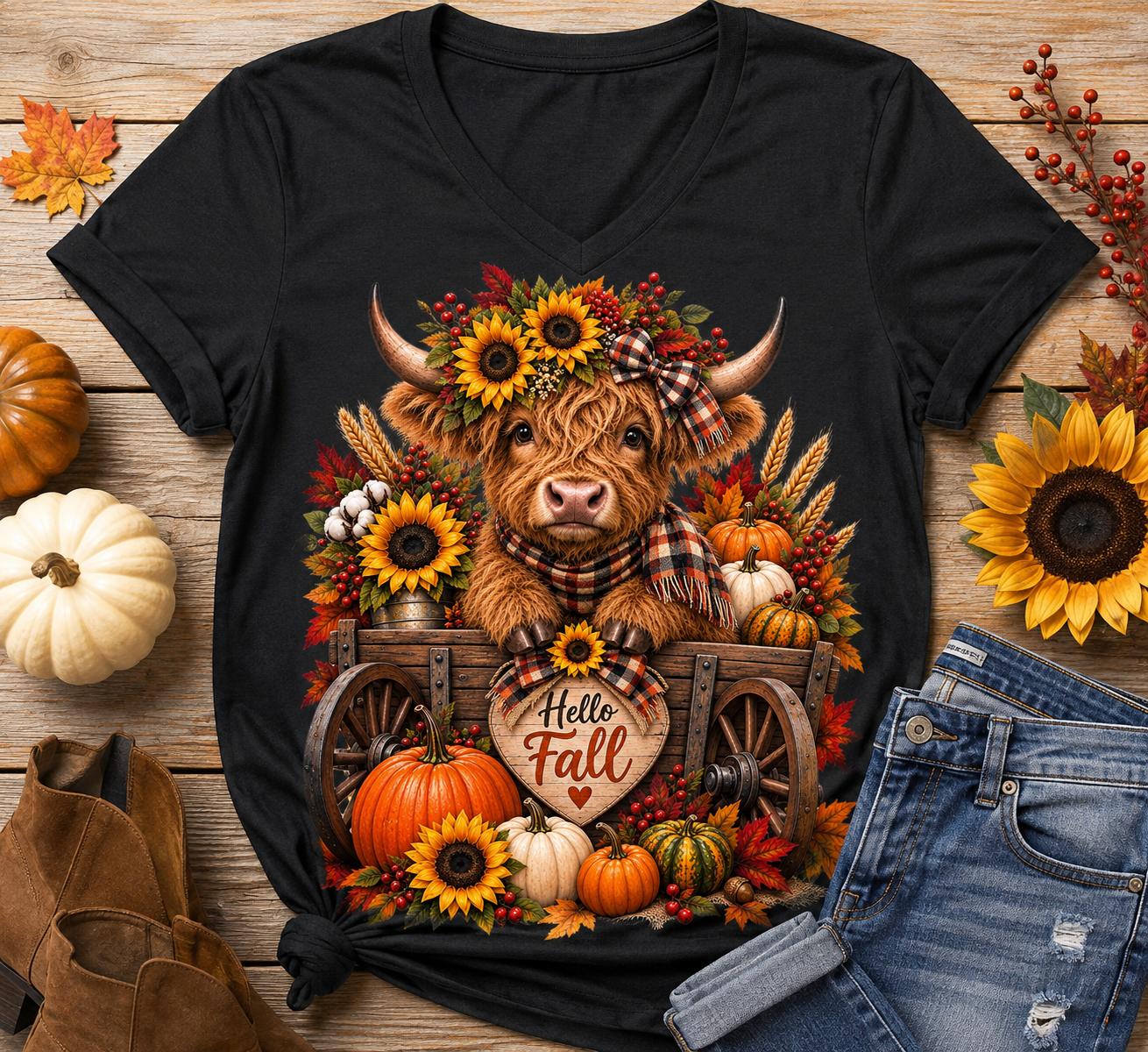 A black graphic t-shirt featuring a cute Highland cow surrounded by autumn elements like pumpkins, sunflowers, and a plaid scarf, styled in a flat lay on a wooden background with jeans and fall accessories.
