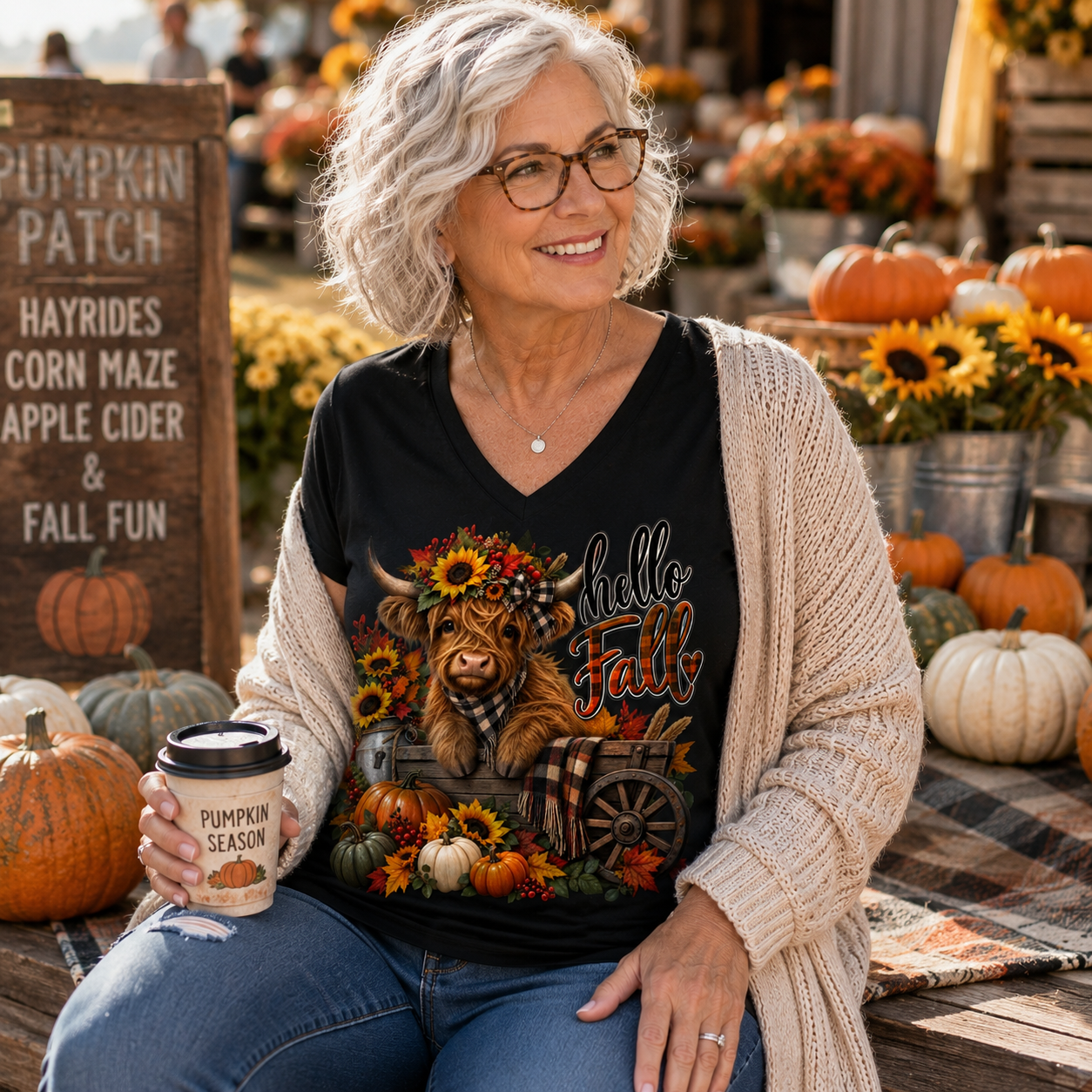 A smiling woman with gray hair and glasses sits outdoors at a fall market wearing a graphic t-shirt with a cow in a wagon and the words 'Hello Fall,' layered with a cream cardigan. Pumpkins, sunflowers, and market signs are visible in the background.