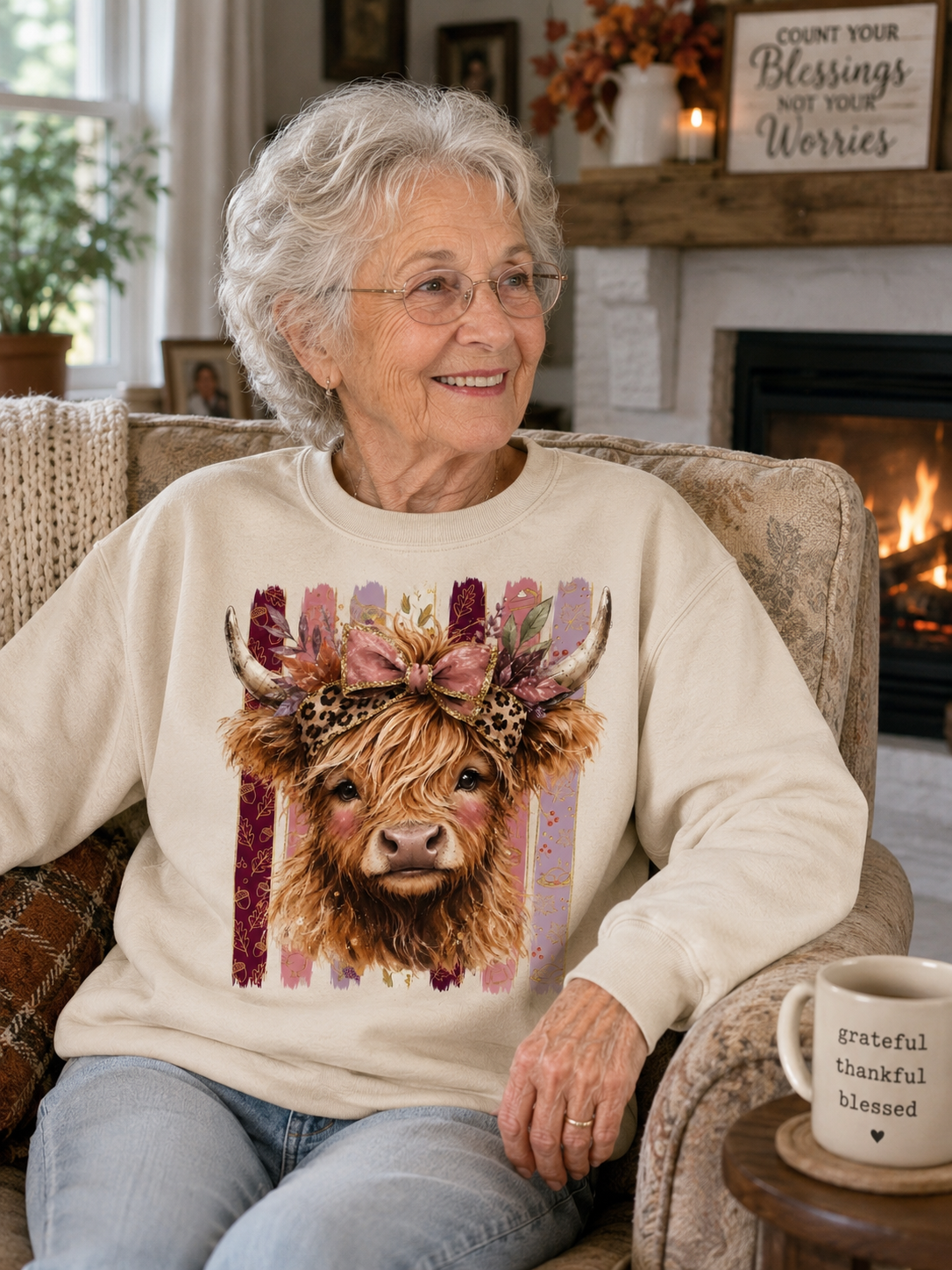 An older woman with short gray hair and glasses sits in a cozy living room chair, wearing a cream-colored sweatshirt with a colorful graphic of a Highland cow. A mug sits on a side table next to her.