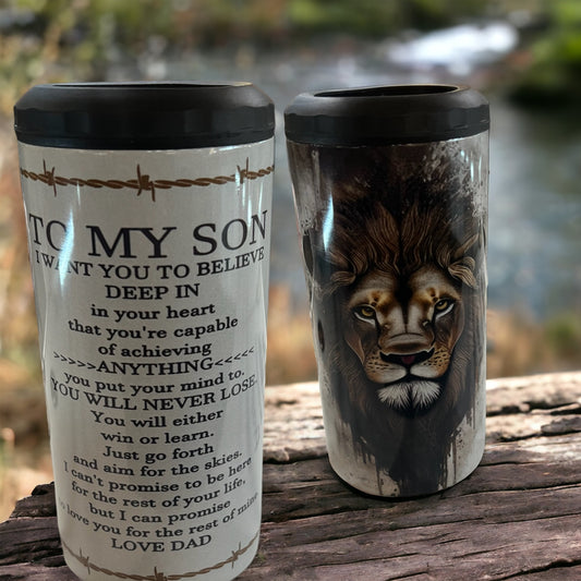 4 in 1 Bottle and Can Holder and Tumbler 16oz- to my son, lion