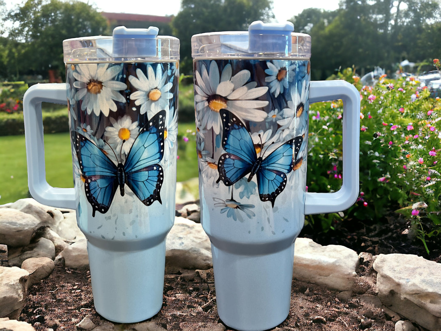 40oz Stanley Style Thirst Quencher Tumblers -butterflies blue/white, holographic sparkle