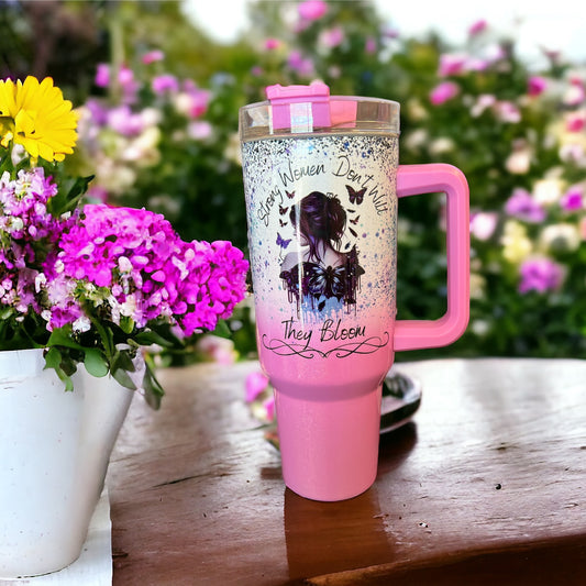 40oz Stanley Style Thirst Quencher Tumblers - purple/white holographic sparkle, Strong Women Don't Wilt They Bloom