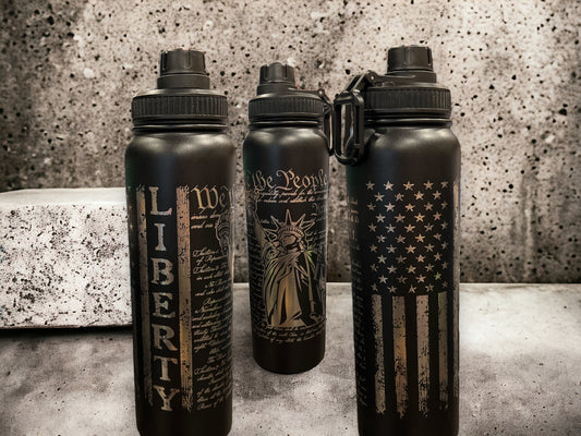 34oz Lazer Engraved Sports Water Bottles - Liberty, We The People