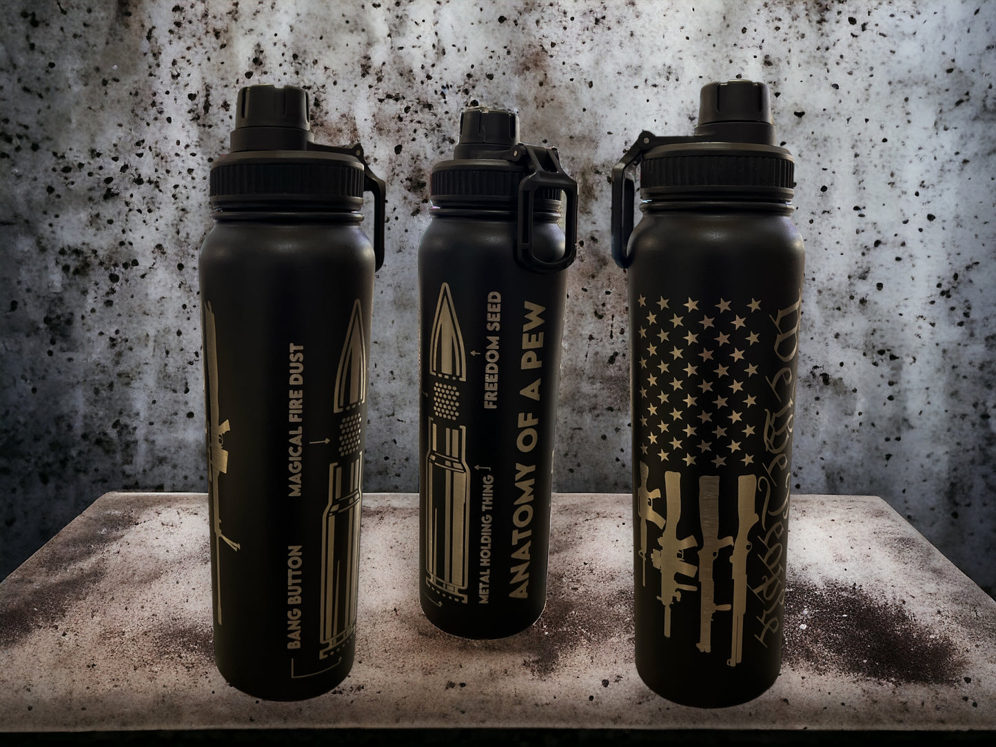 34oz Lazer Engraved Sports Water Bottles - anatomy of a pew pew ￼