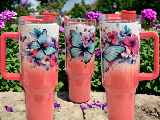 40oz Stanley Style Thirst Quencher Tumblers -butterflies holographic sparkle