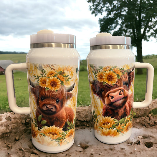 64oz Stanley Style Thirst Quencher- momma cow baby cow golden sunflowers