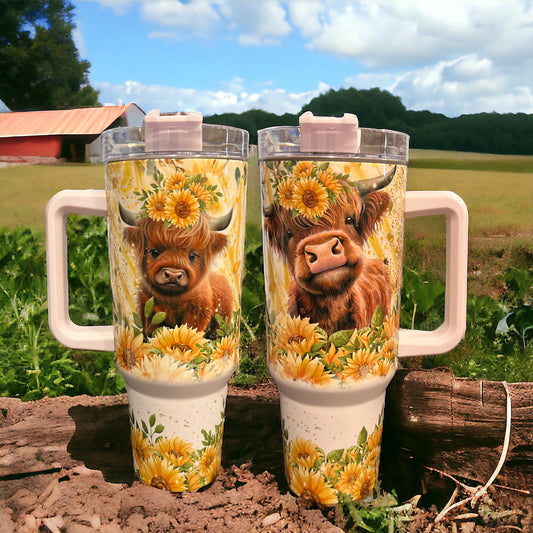 40oz Stanley Style Thirst Quencher Tumblers -Cow yellow flowers (cow #1)