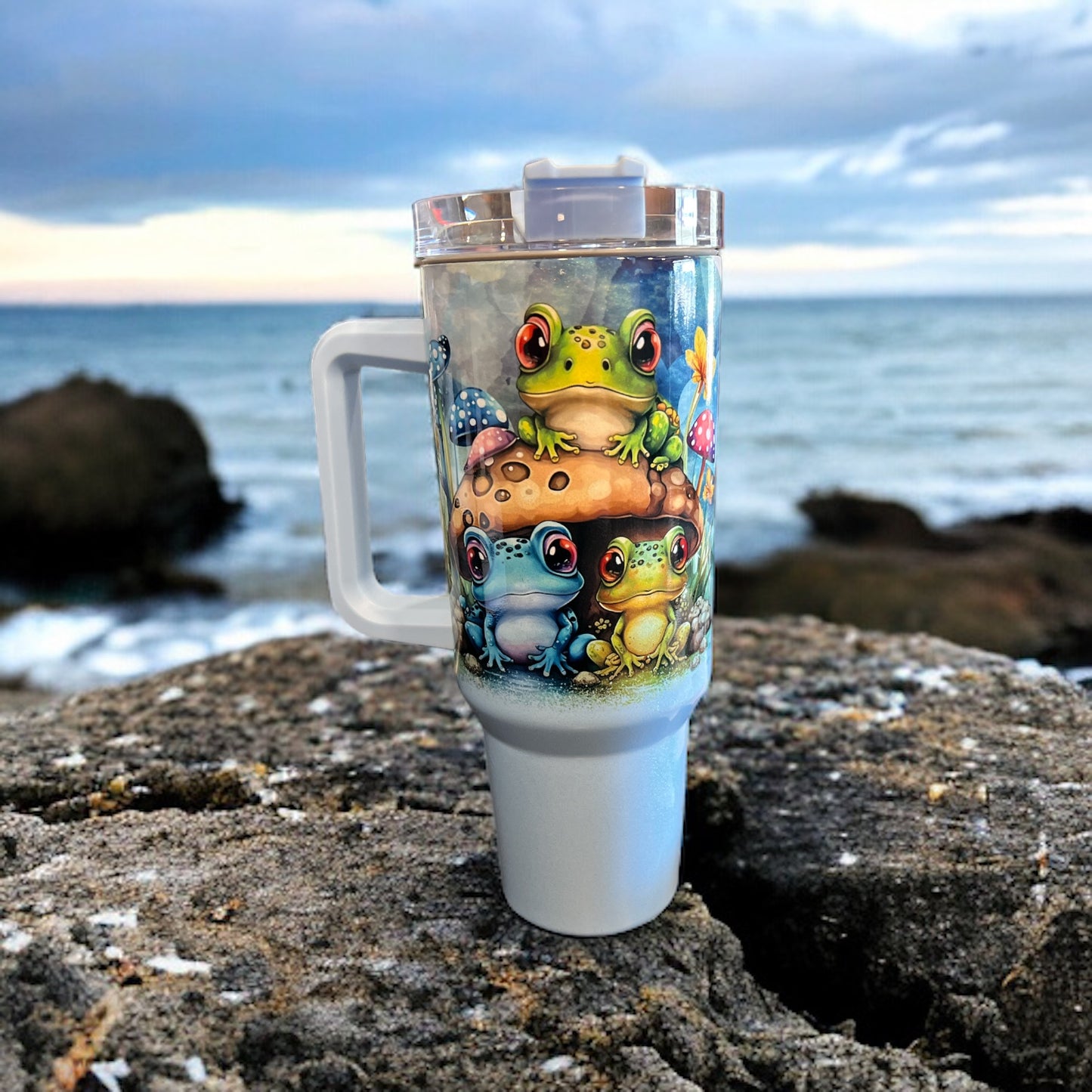 40oz Stanley Style Thirst Quencher Tumblers - Frog Teal/white holographic shimmer