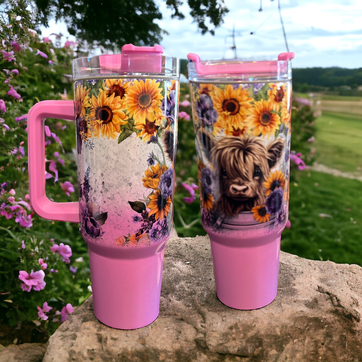 40oz Stanley Style Thirst Quencher Tumblers - Purple flowers with Cows (cow #2)