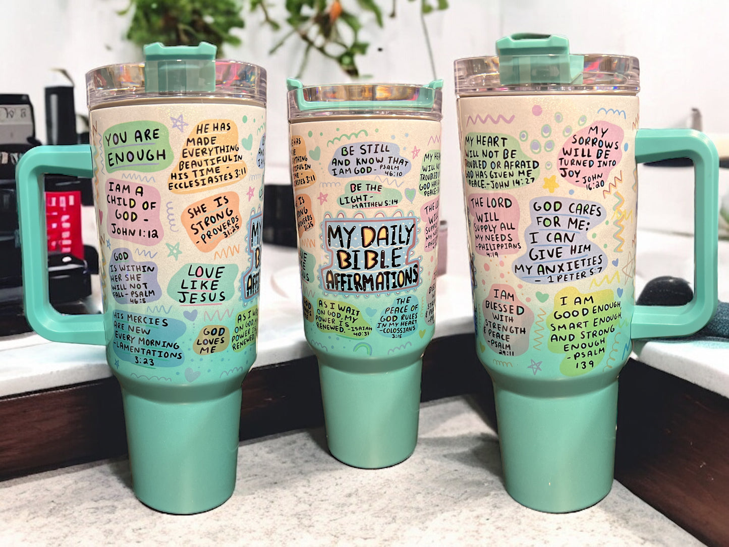 40oz Stanley Style Thirst Quencher Tumblers - My Daily Bible Affirmations faith holographic, shimmer