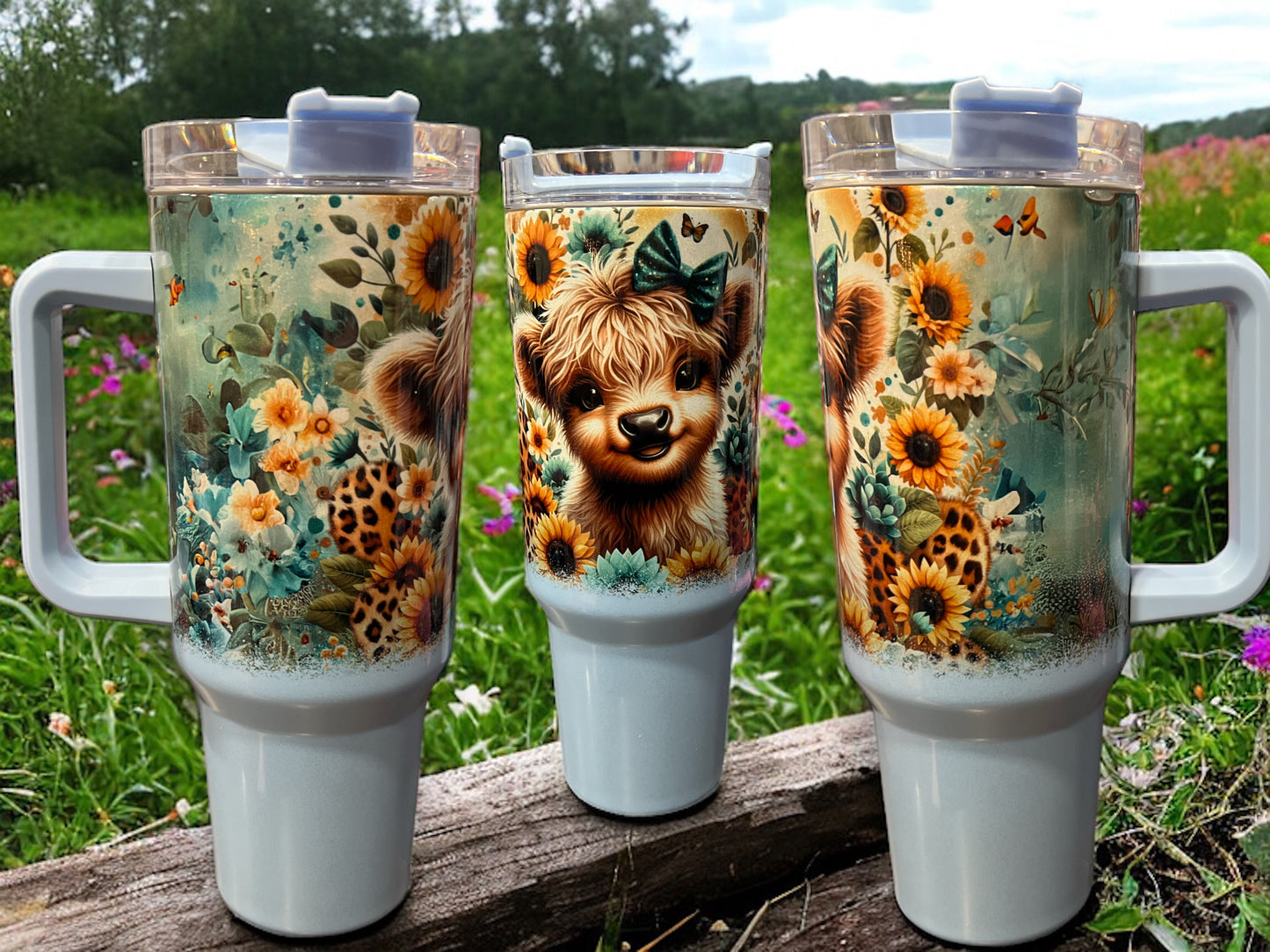 40oz Stanley Style Thirst Quencher Tumblers -cute cos sunflowers blue/white holographic sparkle