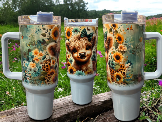 40oz Stanley Style Thirst Quencher Tumblers -cute cos sunflowers blue/white holographic sparkle