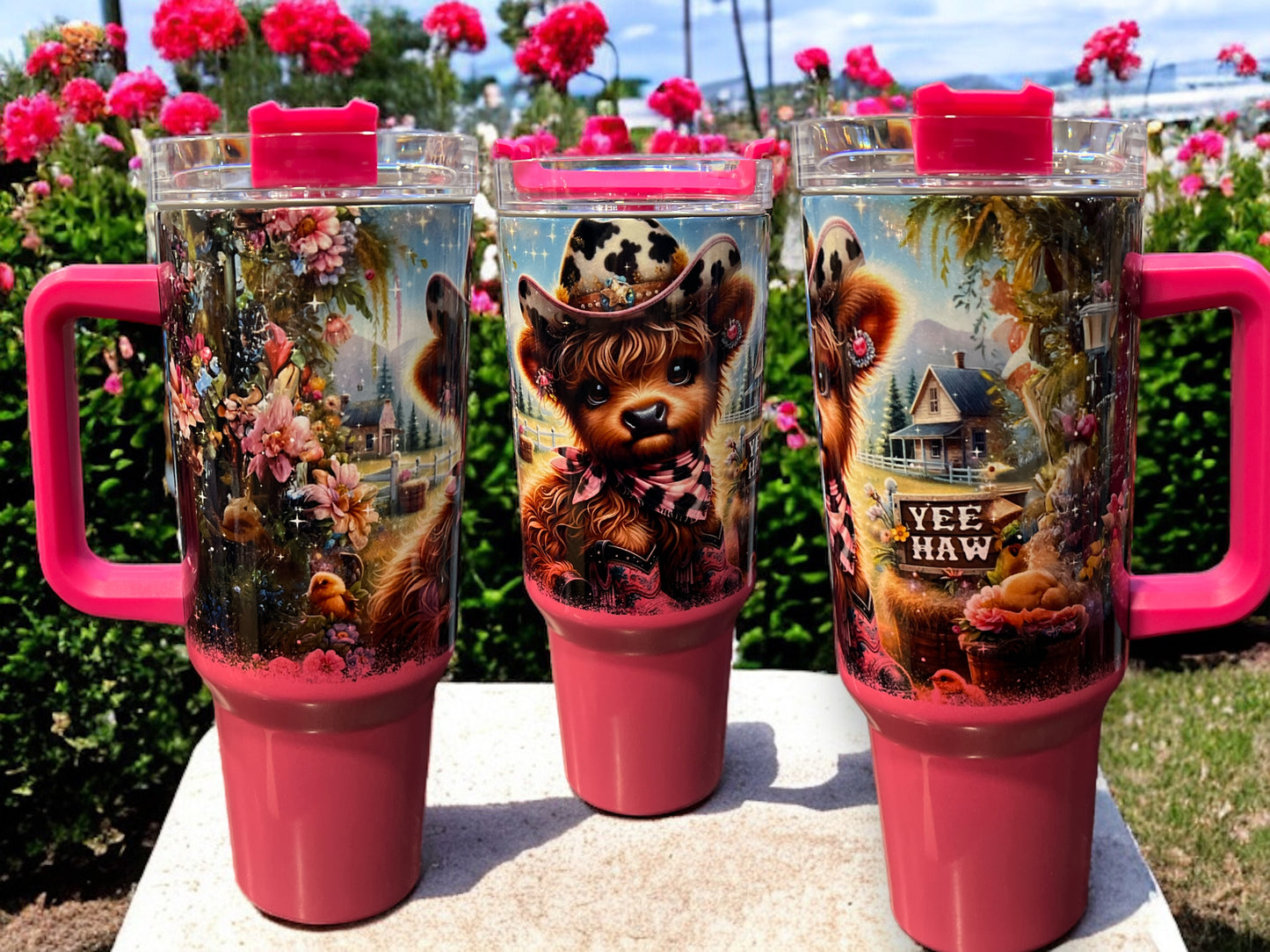 40oz Stanley Style Thirst Quencher Tumblers -cute cow with boots and hat-￼pink/white holographic sparkle
