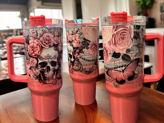 40oz Stanley Style Thirst Quencher Tumblers -holographic sparkle light pink/white - skulls pink flowers ￼