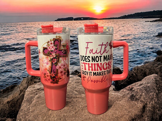 40oz Stanley Style Thirst Quencher Tumblers -faith does not make things easy it makes them possible -light pink/white holographic sparkle