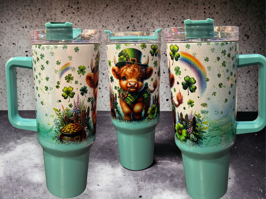 40oz Stanley Style Thirst Quencher Tumblers -st. Patrick’s Day cow, ￼-teal/white holographic sparkle