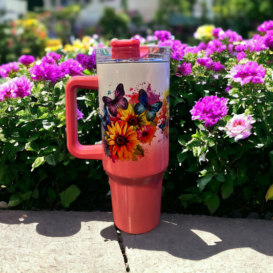 40oz Stanley Style Thirst Quencher Tumblers -colored flowers, butterfliess-￼light pink/white holographic sparkle