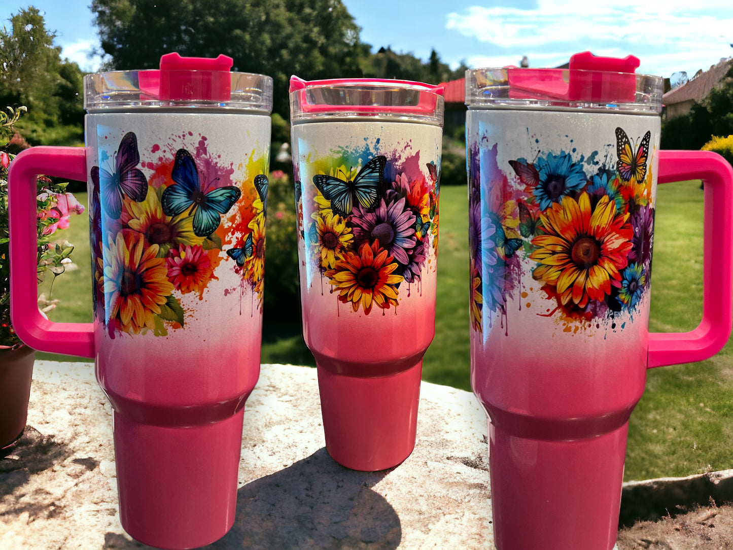 40oz Stanley Style Thirst Quencher Tumblers -butterflies colored holographic sparkle