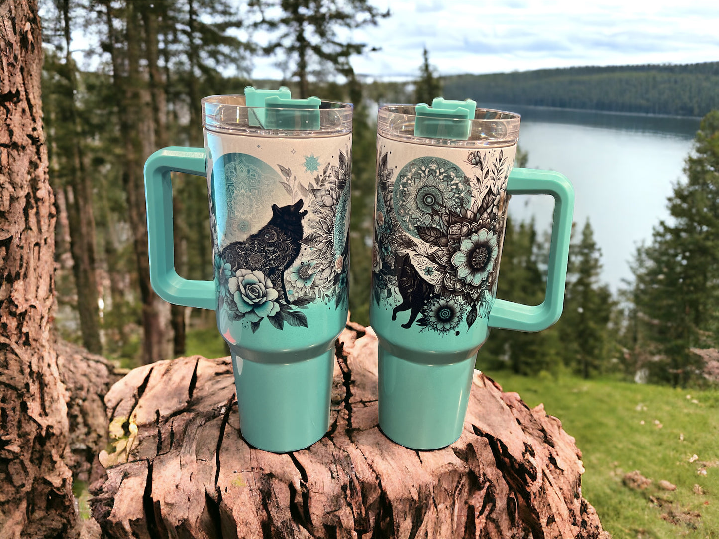 40oz Stanley Style Thirst Quencher Tumblers - Wolf’s flowers  Teal/white holographic, shimmer