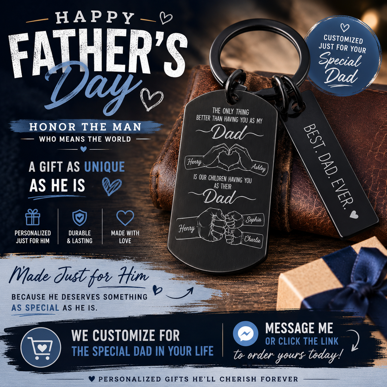 Personalized Father’s Day Engraved Dad Keychain | Custom Kids Names Gift for Dad
