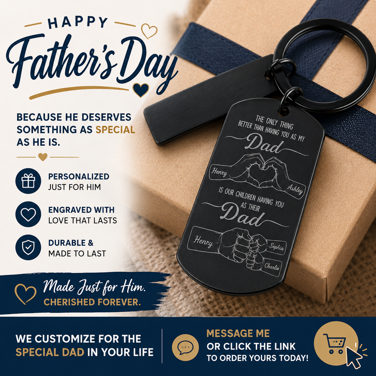 Personalized Father’s Day Engraved Dad Keychain | Custom Kids Names Gift for Dad