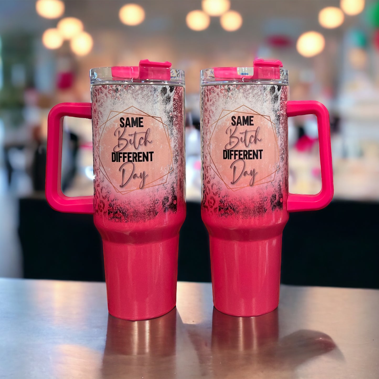 40oz Stanley Style Thirst Quencher Tumblers -Same Bitch Different Day, pink/white, holographic sparkle