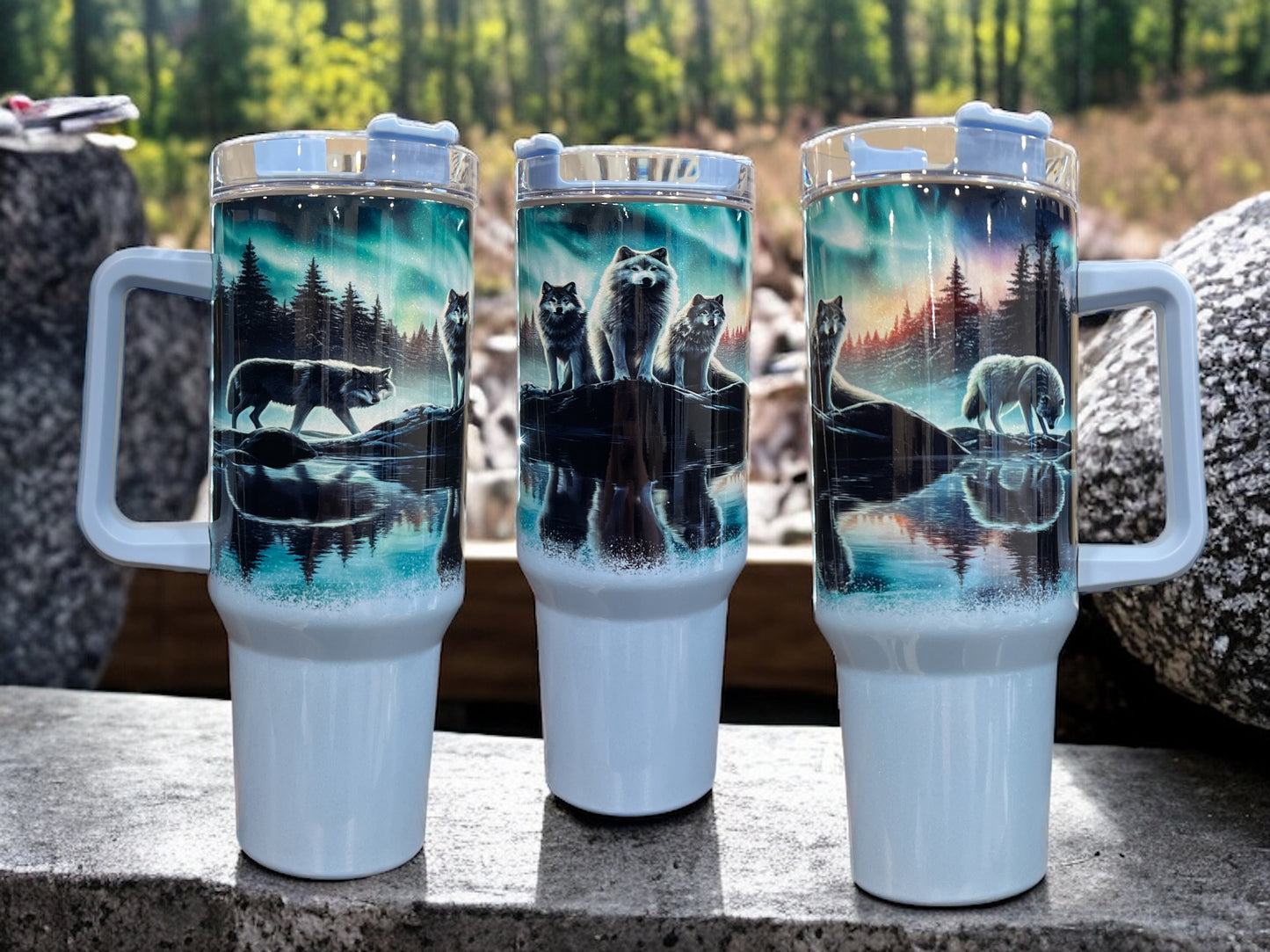 40oz Stanley Style Thirst Quencher Tumblers -Wolf on rocks and water , blue/white, holographic sparkle