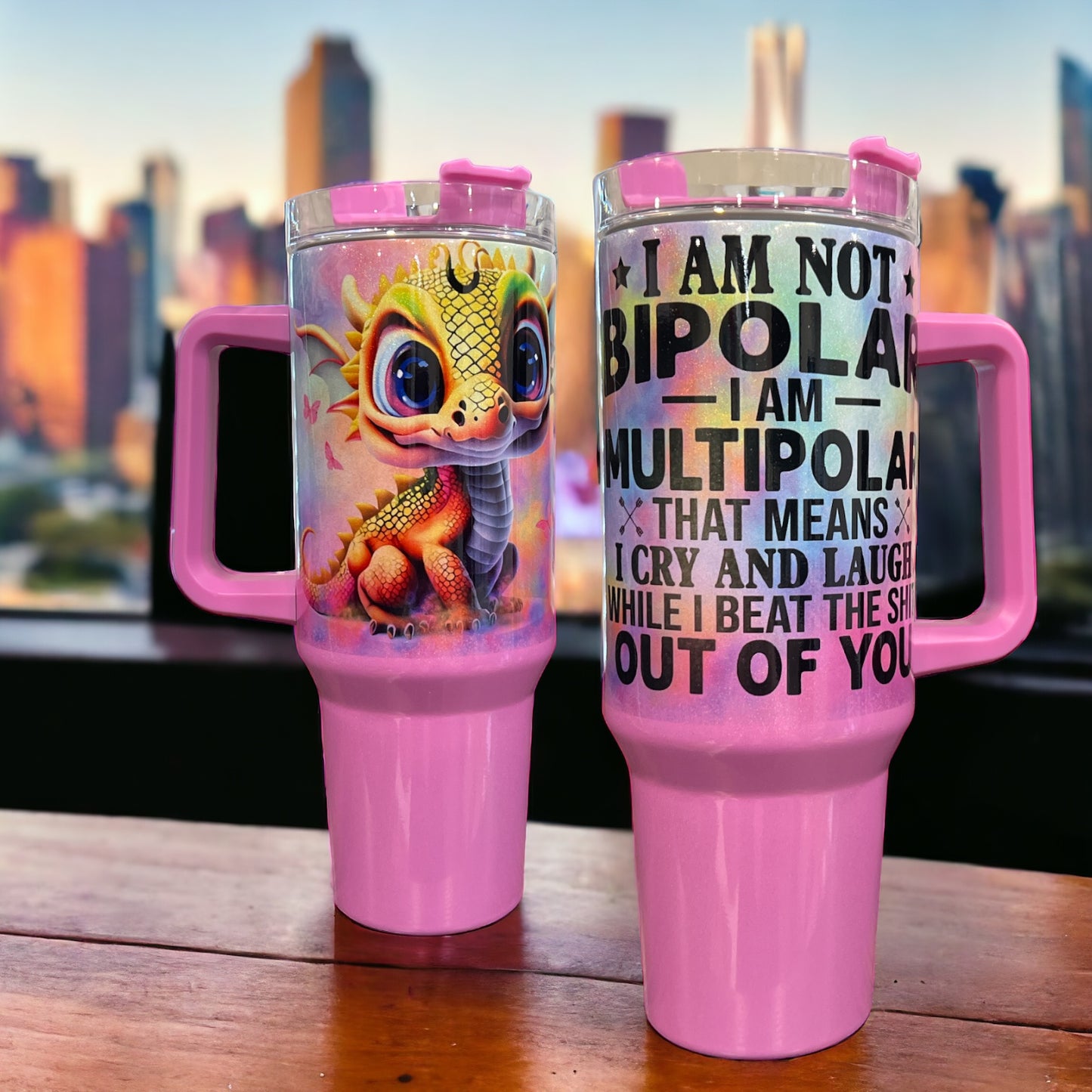 40oz Stanley Style Thirst Quencher Tumblers -Wolf on rocks and water , purple/white, holographic sparkle