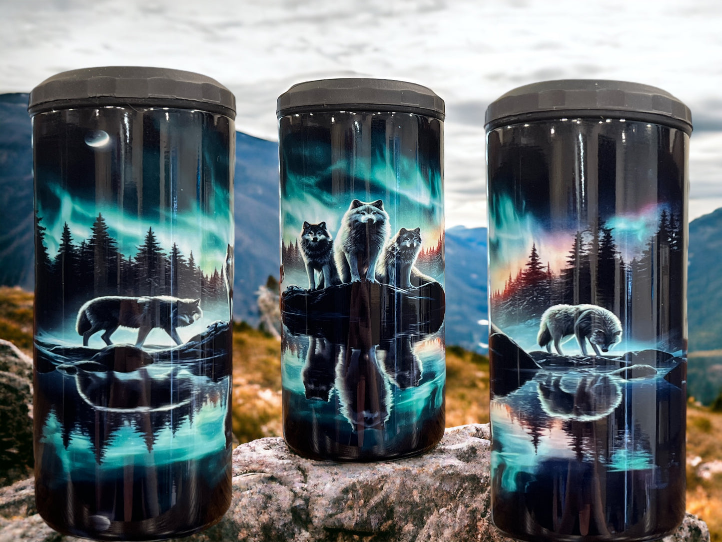 4 in 1 Bottle and Can Holder and Tumbler 16oz- wolf rocks and water