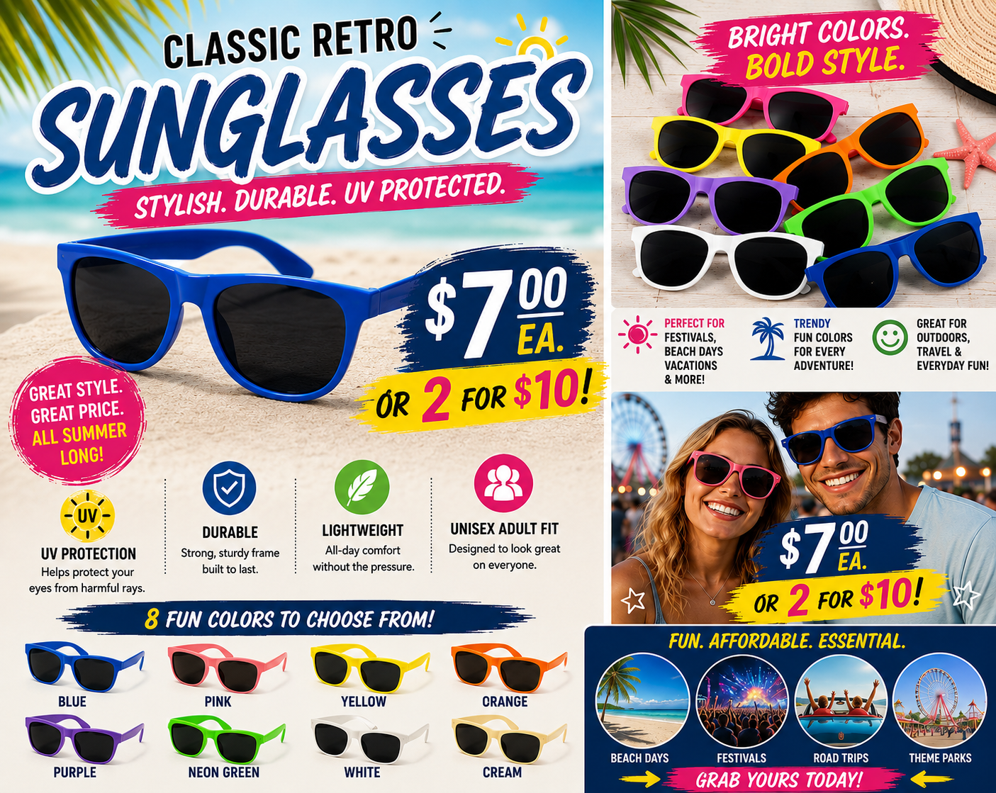 Classic Retro UV Protection Sunglasses – Adult or Child Unisex Fashion Shades