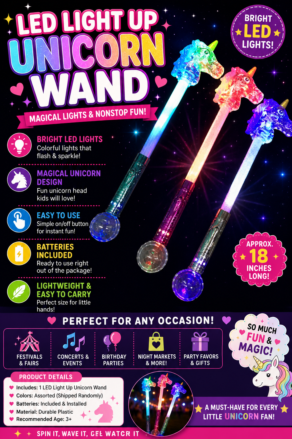🦄 LED Light Up Unicorn Wand 🦄

Magical Fun That Lights Up the Night!
