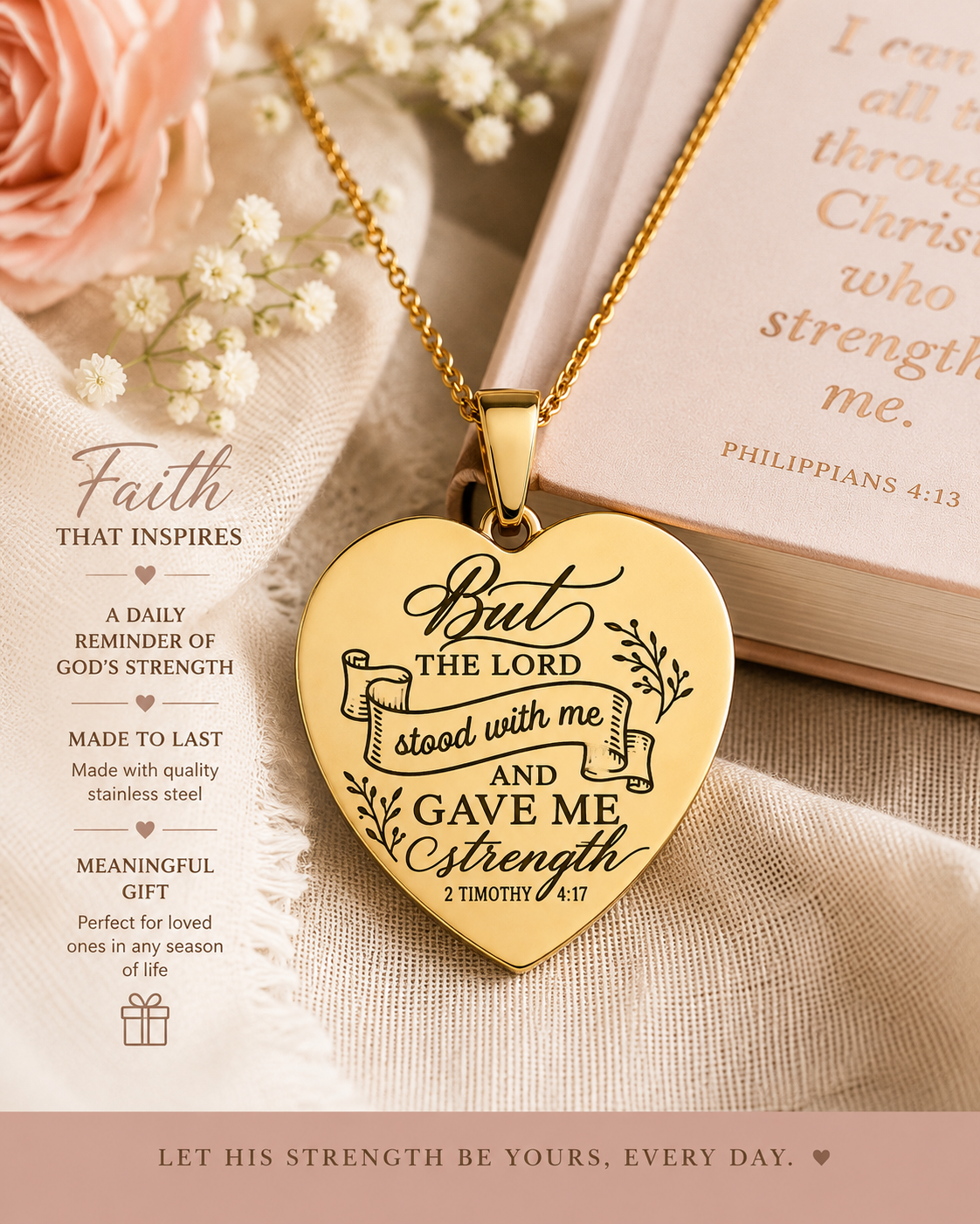 Christian Heart Necklace | 2 Timothy 4:17 Gold Engraved Gift