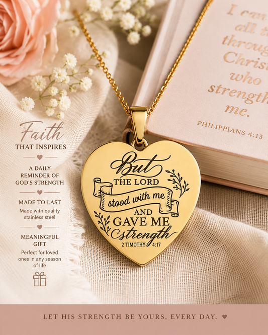 Christian Heart Necklace | 2 Timothy 4:17 Gold Engraved Gift