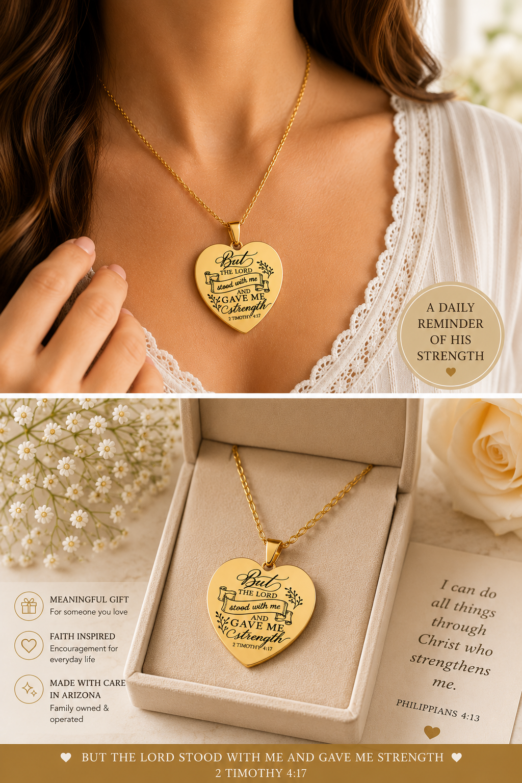 Christian Heart Necklace | 2 Timothy 4:17 Gold Engraved Gift