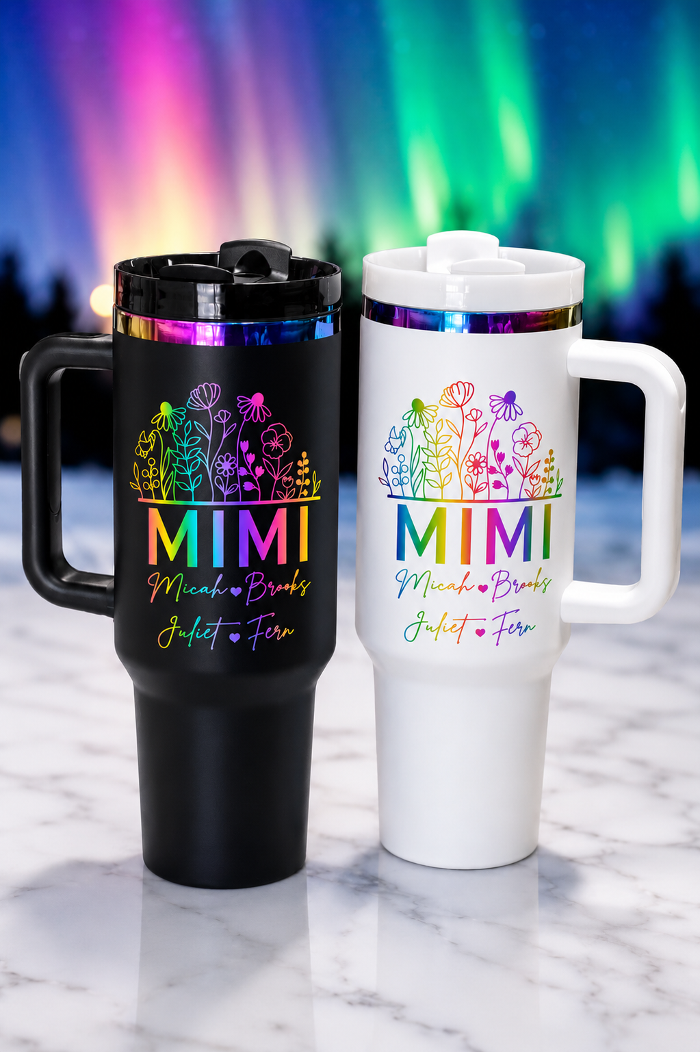 Personalized Rainbow Floral MIMI Tumbler with Grandchildren’s Names | Custom Gift for Grandma | 40oz Handled Travel Mug