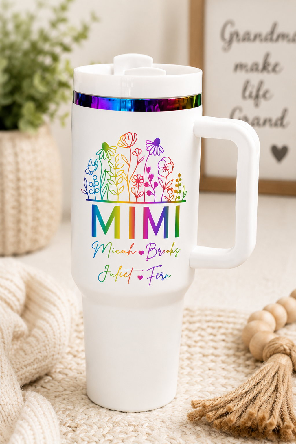 Personalized Rainbow Floral MIMI Tumbler with Grandchildren’s Names | Custom Gift for Grandma | 40oz Handled Travel Mug