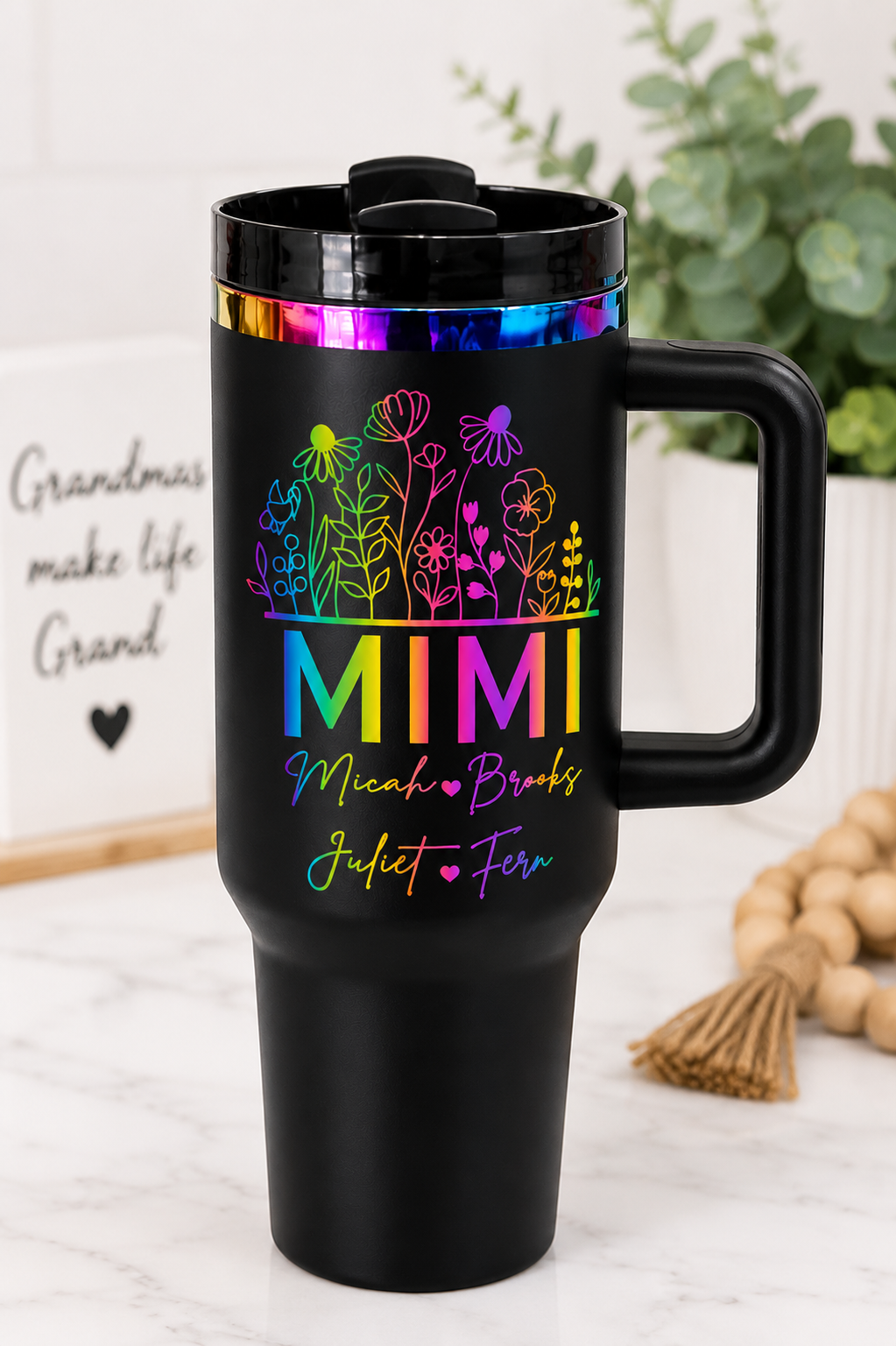 Personalized Rainbow Floral MIMI Tumbler with Grandchildren’s Names | Custom Gift for Grandma | 40oz Handled Travel Mug