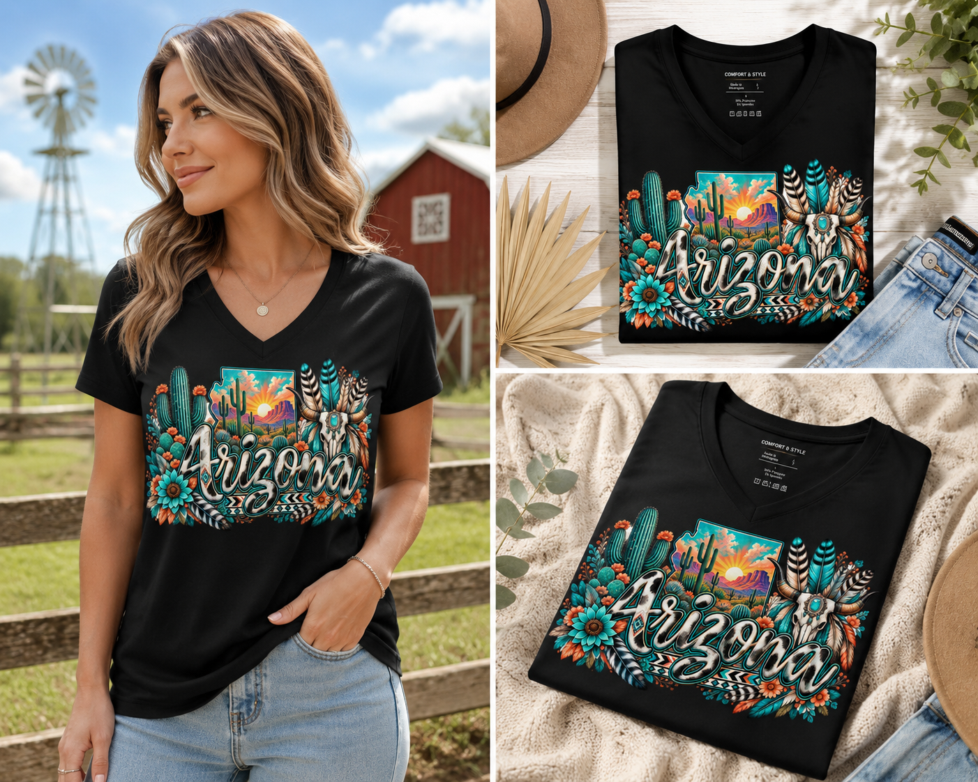 Arizona V-Neck T-Shirt – Turquoise Western Cactus Cowgirl Tee