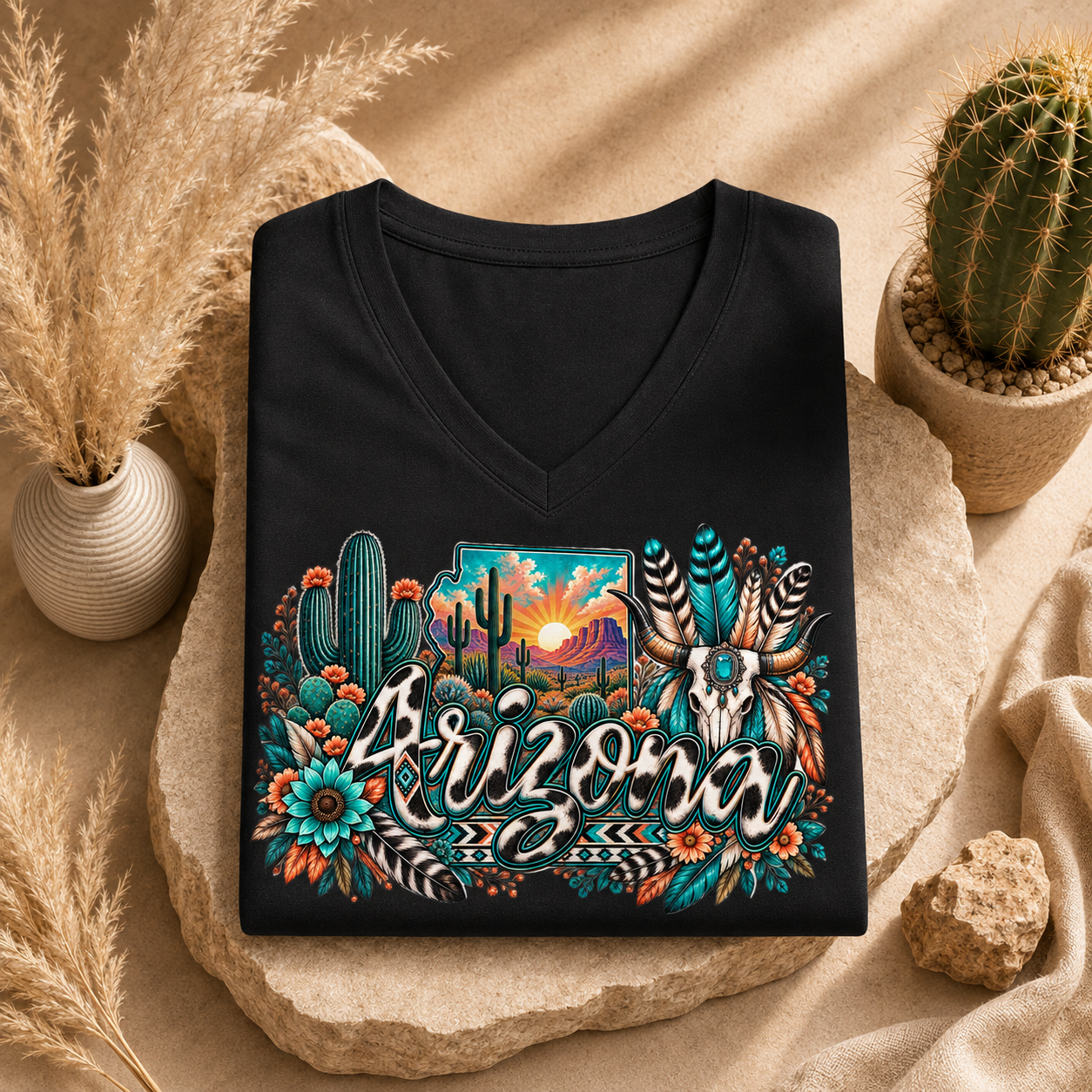 Arizona V-Neck T-Shirt – Turquoise Western Cactus Cowgirl Tee