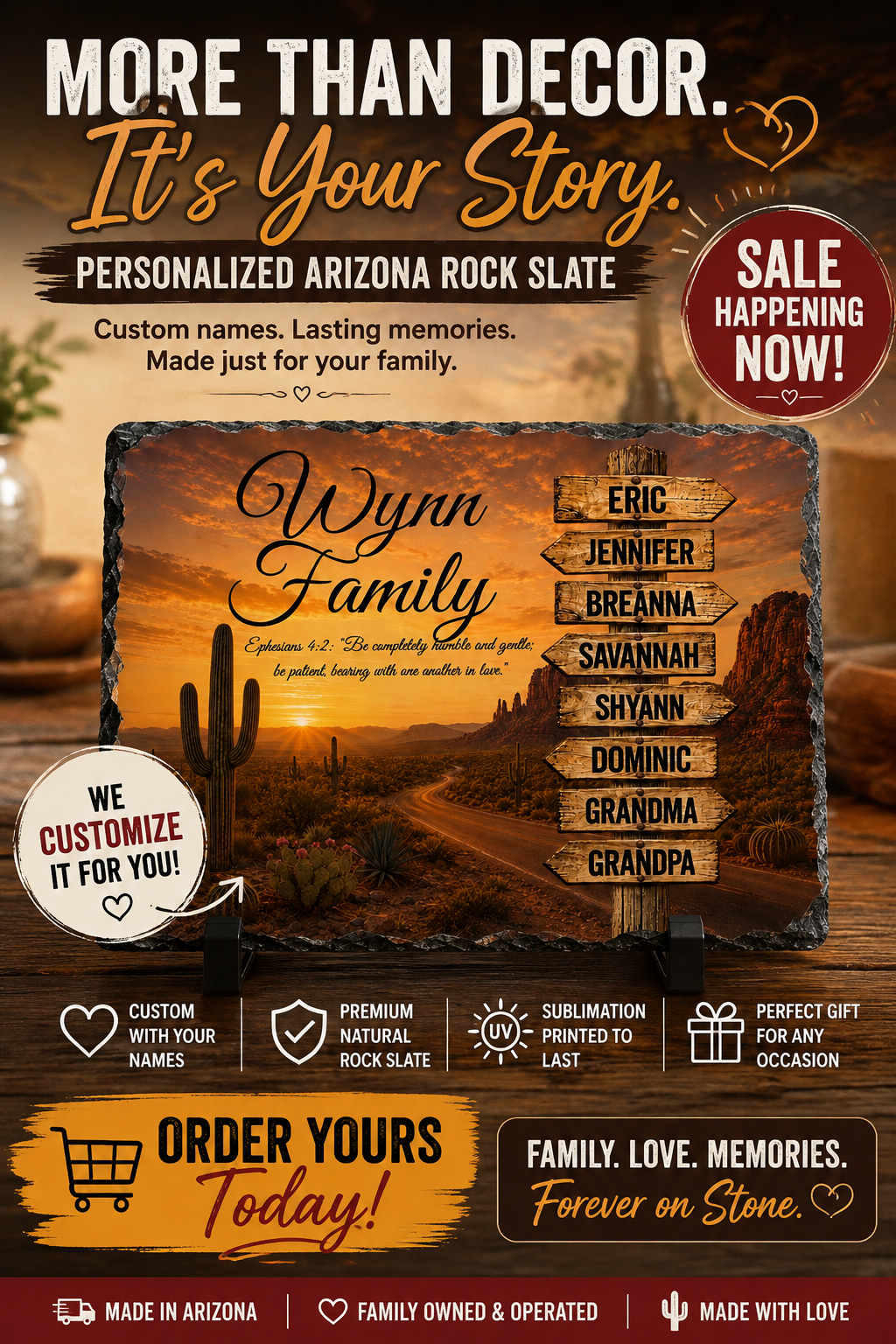 Personalized Arizona Family Rock Slate – Custom Family Names Desert Sign Memorial & Home Decor Gift
