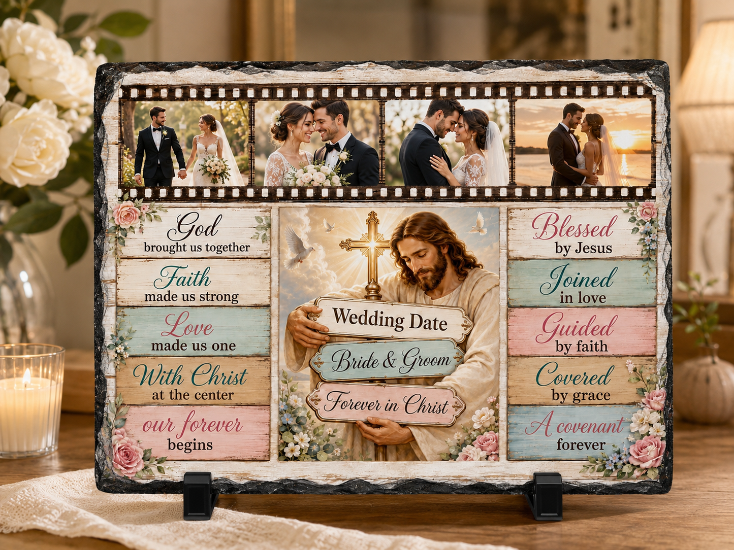 Personalized Christian Wedding Rock Slate – Custom Wedding Photos, Names & Date | Jesus & Cross Marriage Gift