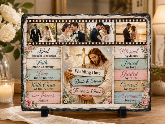 Personalized Christian Wedding Rock Slate – Custom Wedding Photos, Names & Date | Jesus & Cross Marriage Gift