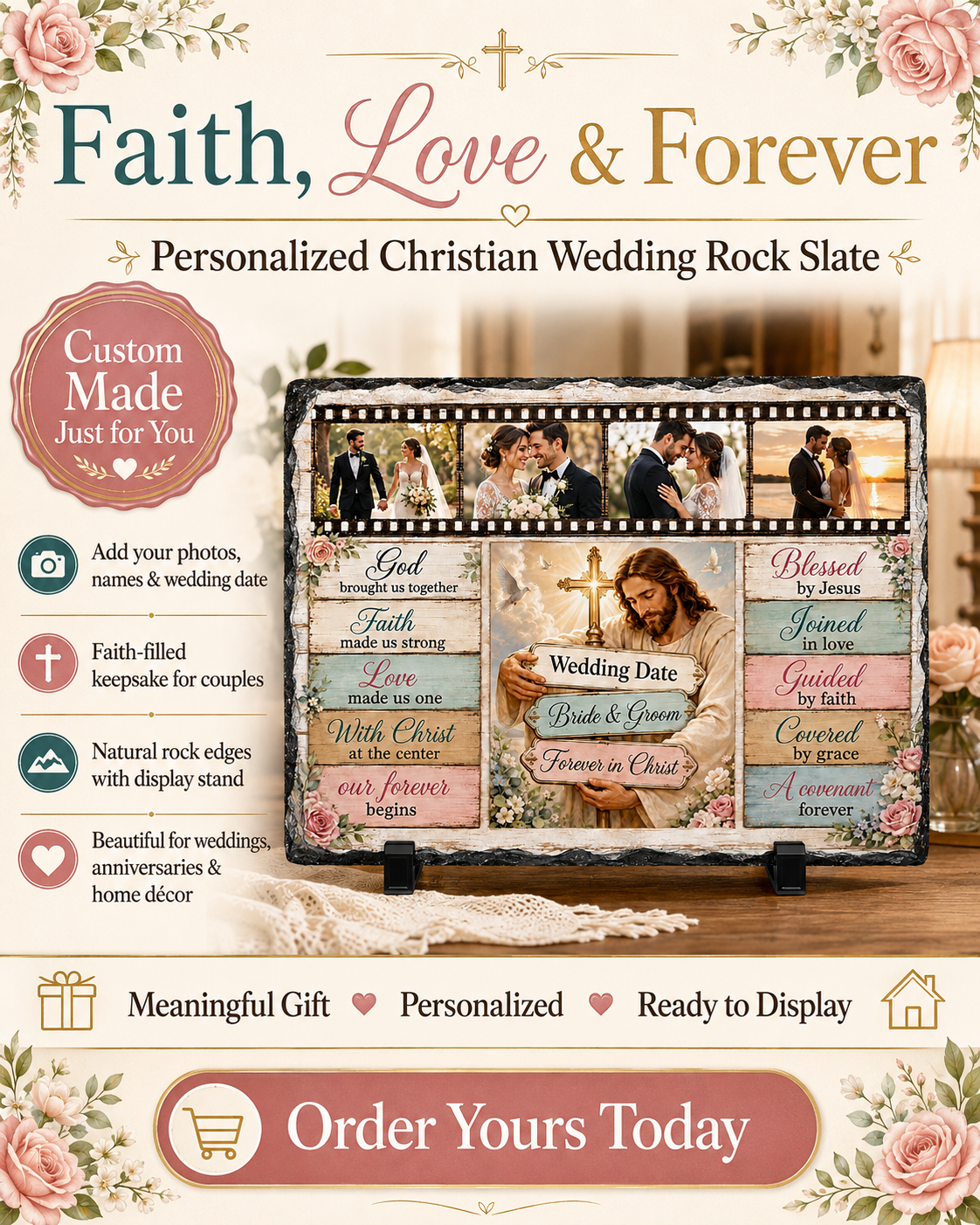 Personalized Christian Wedding Rock Slate – Custom Wedding Photos, Names & Date | Jesus & Cross Marriage Gift