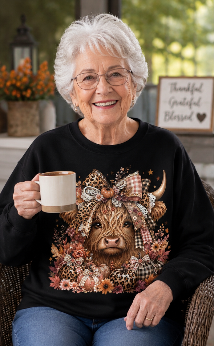 Fall Highland Cow Sweatshirt with Pumpkins & Bows | Pink or Black Cow Crewneck | Cute Farm Girl Fall Shirt | Plus Sizes Available