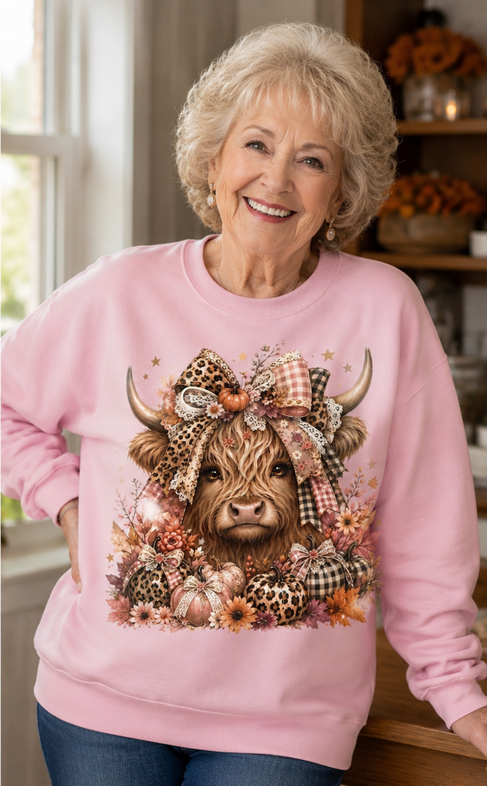 Fall Highland Cow Sweatshirt with Pumpkins & Bows | Pink or Black Cow Crewneck | Cute Farm Girl Fall Shirt | Plus Sizes Available