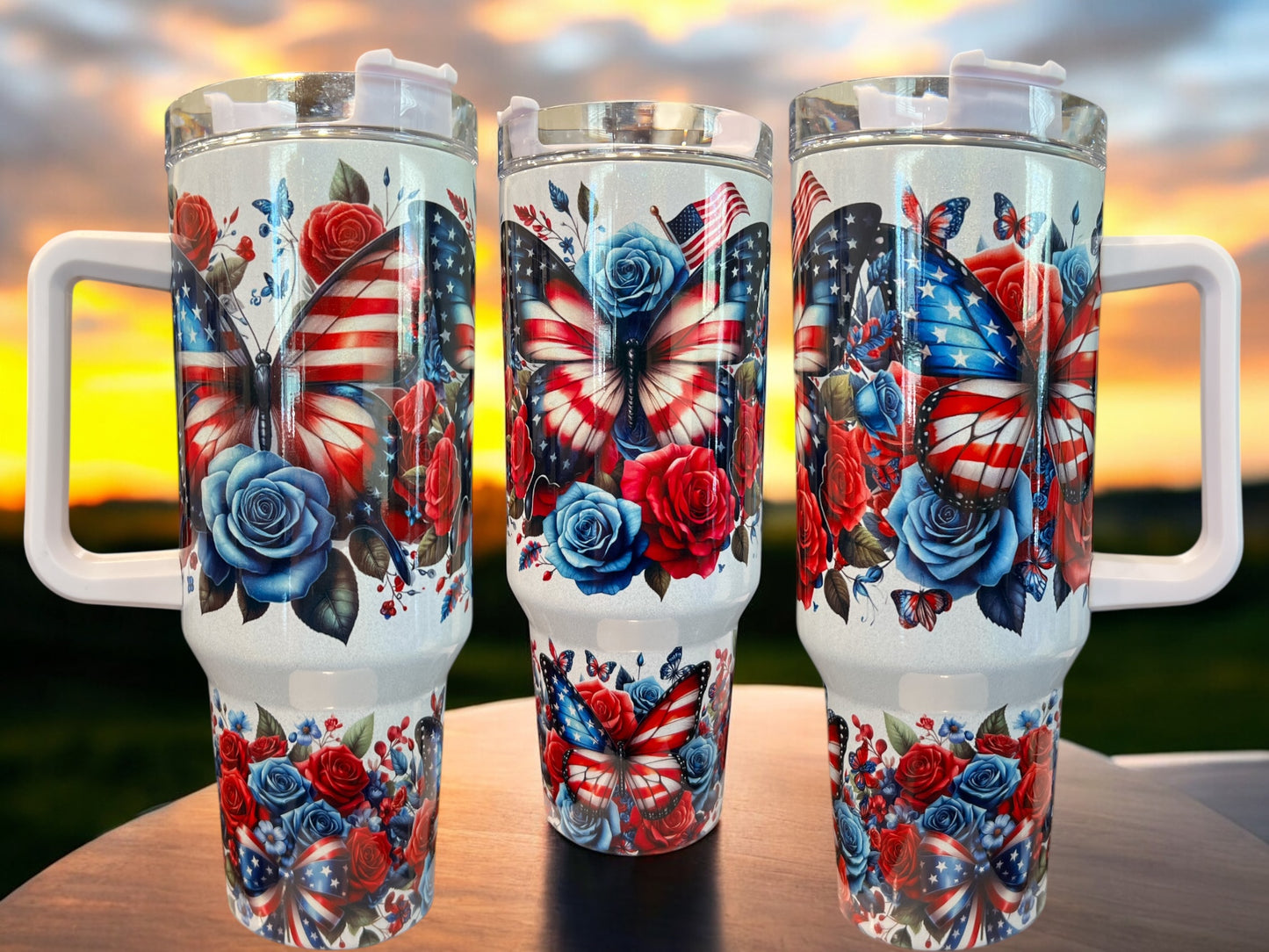Butterfly  4Th of July Patriotic Holographic Sparkle Stainless Steel 40oz Insulated Cup Water Bottles