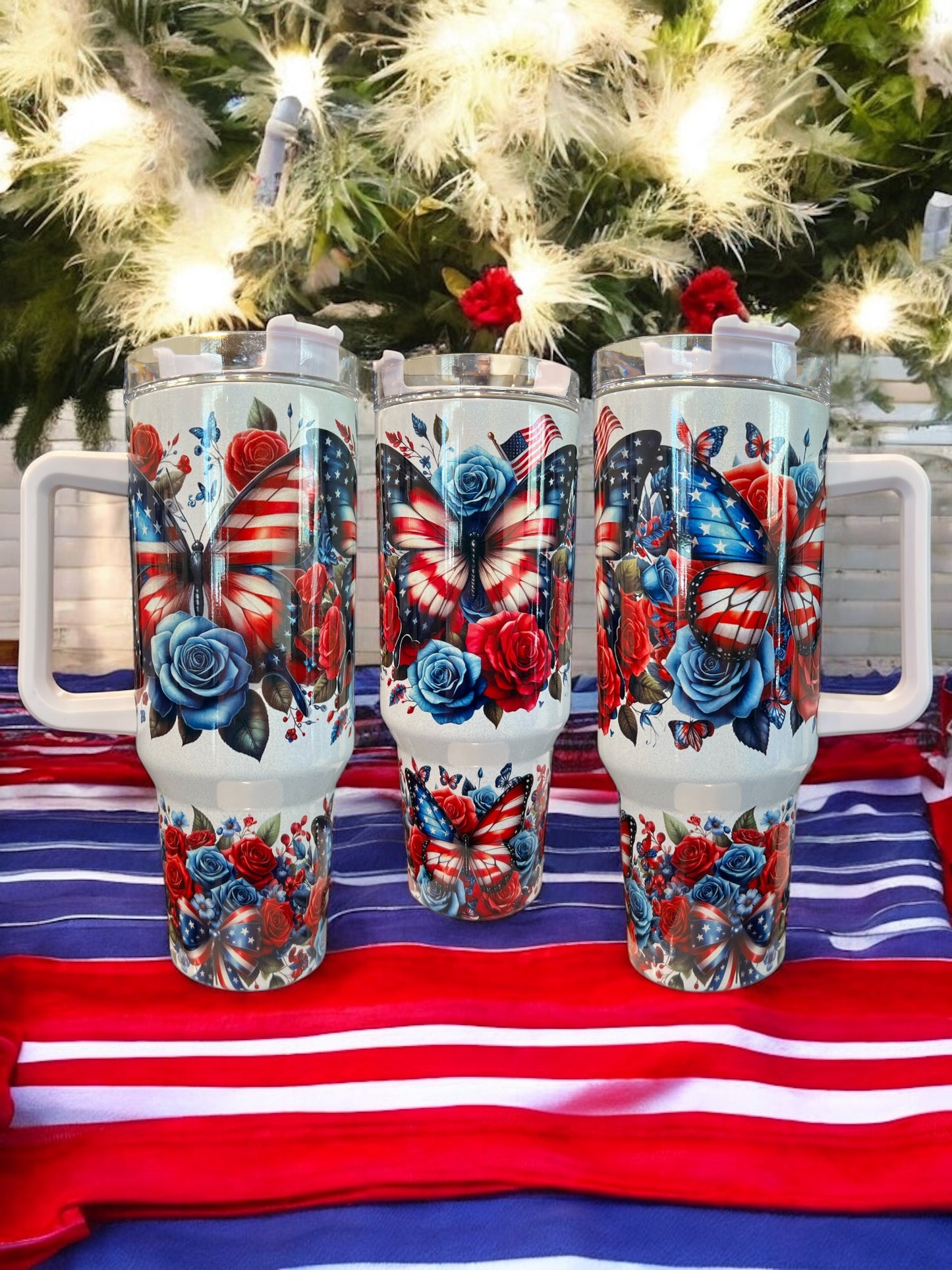 Butterfly  4Th of July Patriotic Holographic Sparkle Stainless Steel 40oz Insulated Cup Water Bottles